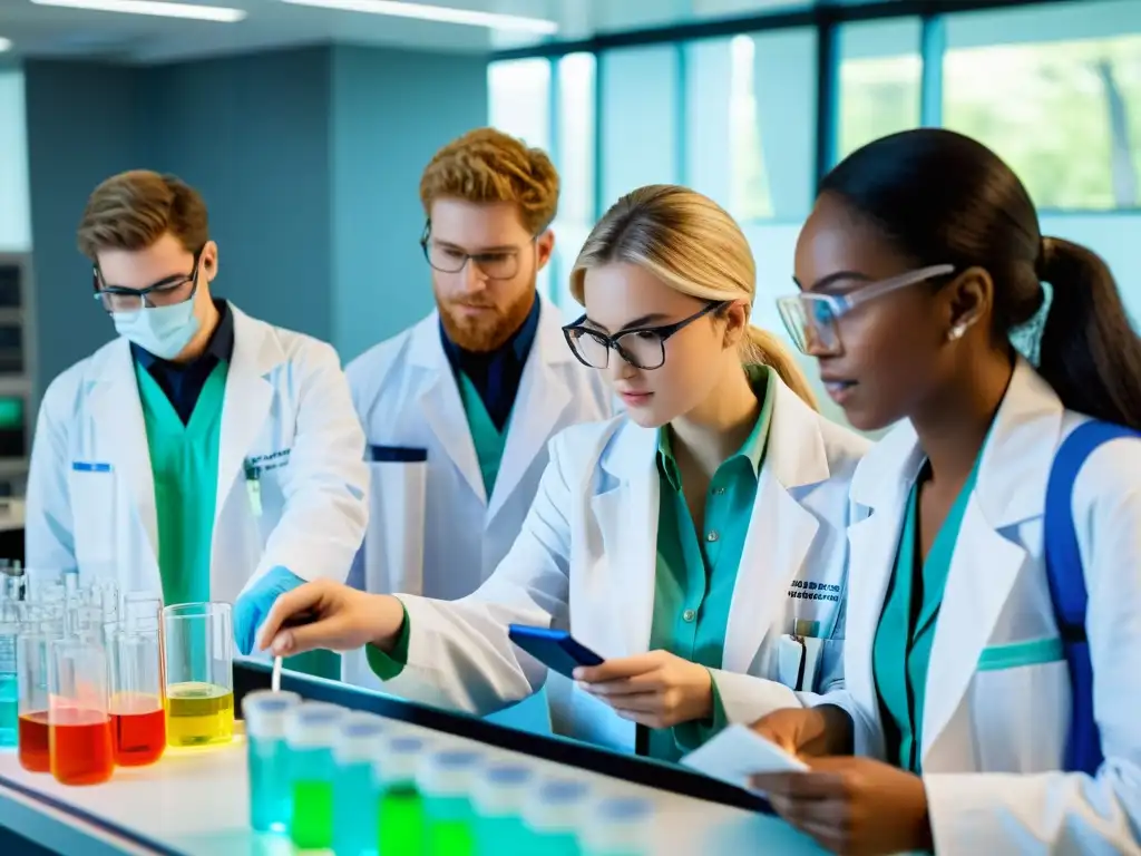 Grupo de estudiantes en un laboratorio moderno realizando análisis ciclo vida ambiental, rodeados de equipos científicos y gráficos coloridos