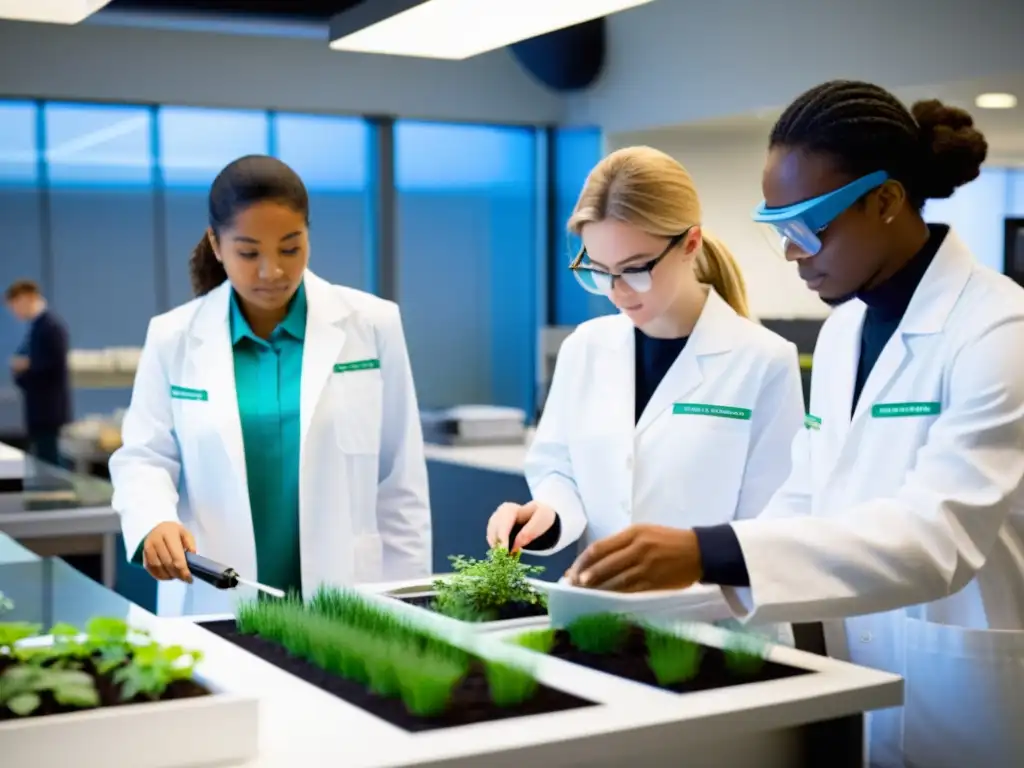 Grupo de estudiantes trabajando en un laboratorio de ecoinnovación tecnológica sostenible, inmersos en experimentos prácticos y colaborativos