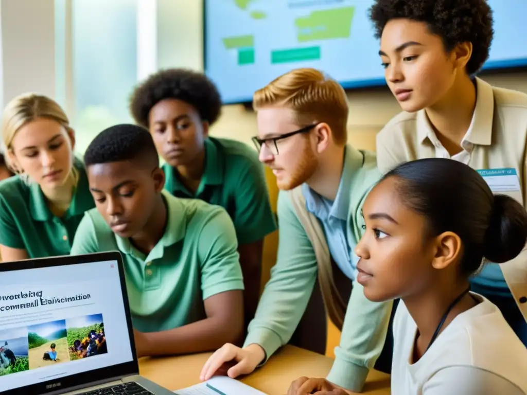 Un grupo de estudiantes diversos se reúnen alrededor de un ordenador, leyendo y discutiendo un blog sobre educación ambiental con entusiasmo