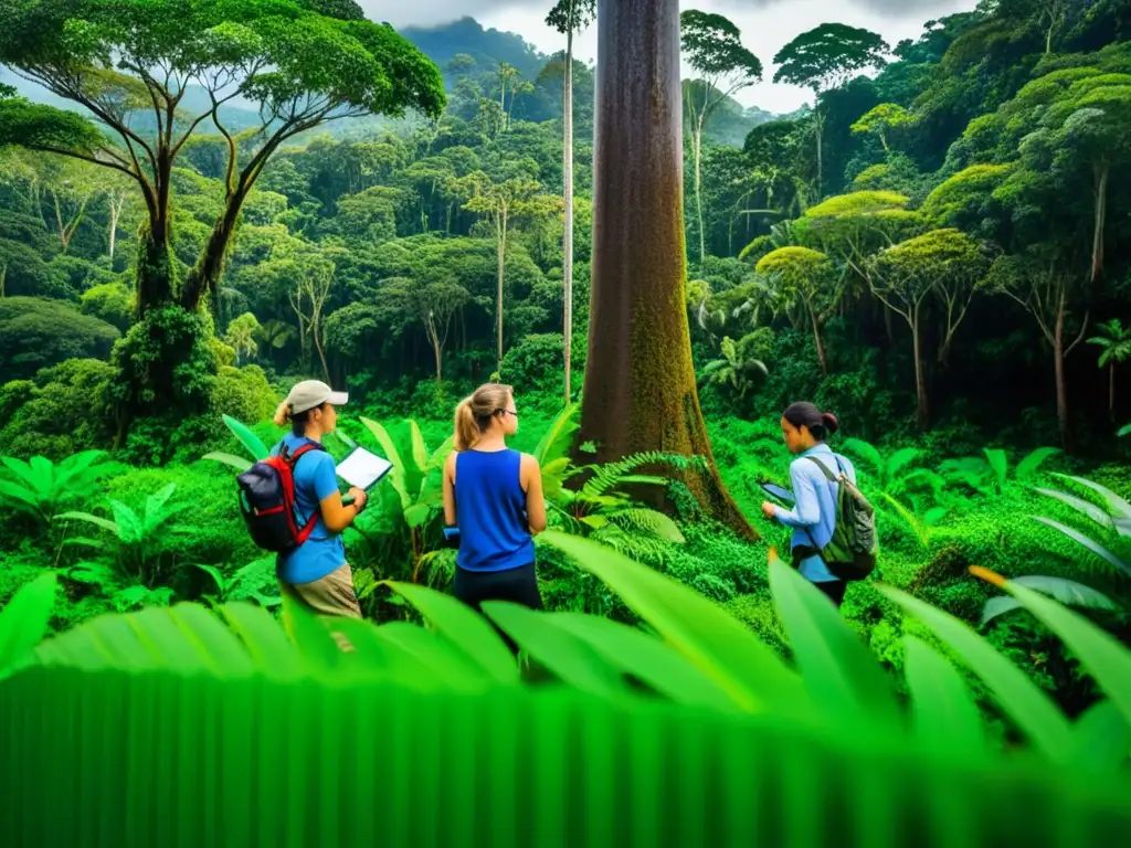 Grupo de estudiantes de postgrado en ciencias ambientales realizando investigación de campo en selva tropical