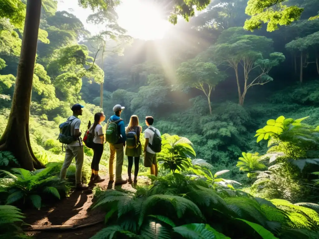 Un grupo de estudiantes de postgrado se prepara para iniciar un estudio de campo en un exuberante bosque