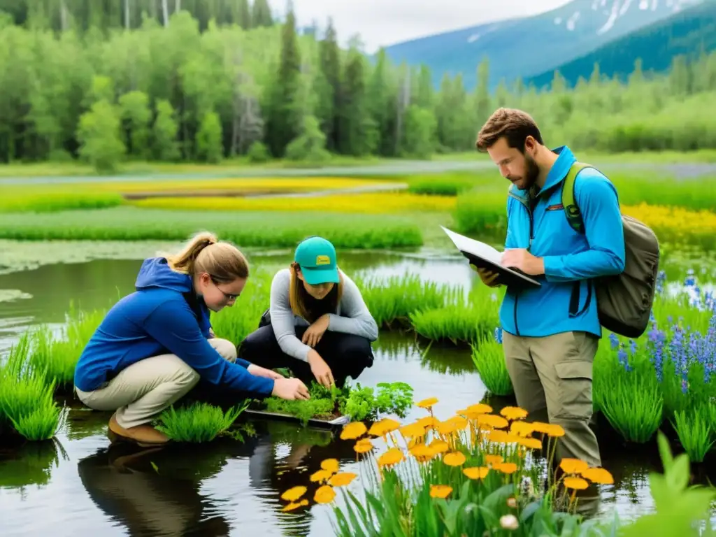 Grupo de estudiantes de postgrado realizando investigaciones en un ecosistema real, destacando la experiencia práctica en proyectos ecológicos