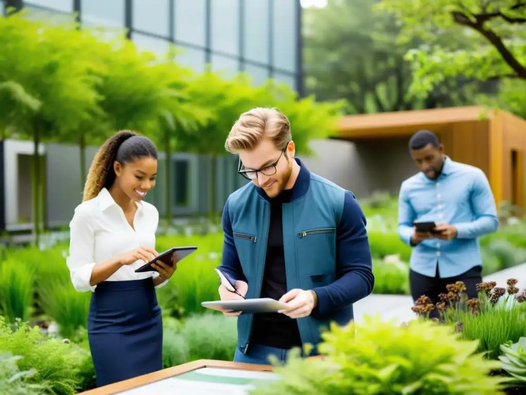 Grupo de estudiantes de postgrados en arquitectura paisajista estudian diseño de parque urbano ecoamigable en un jardín exuberante