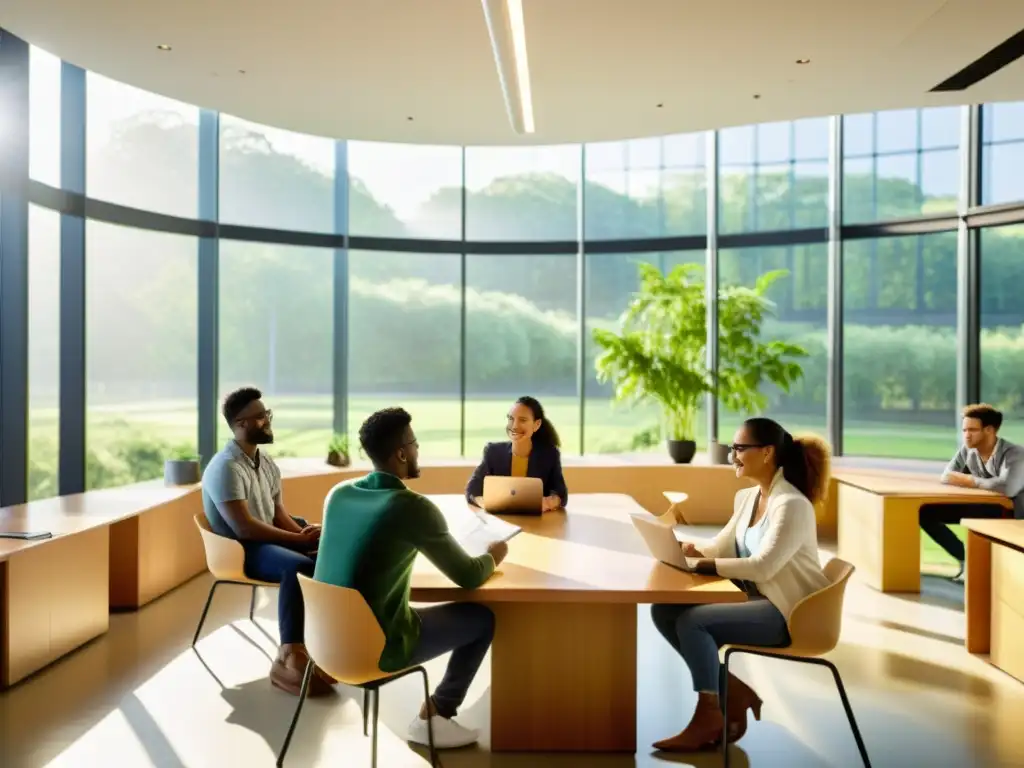 Grupo de estudiantes de postgrados soluciones sostenibles impacto humano debaten ideas en aula moderna y luminosa, con vistas a un campus verde