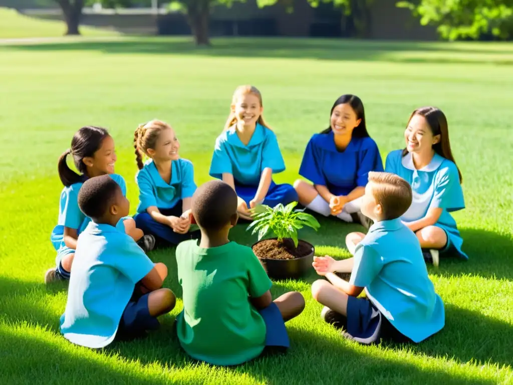 Un grupo de estudiantes de primaria escucha atentamente a su maestra mientras les enseña sobre fotosíntesis en un campo soleado