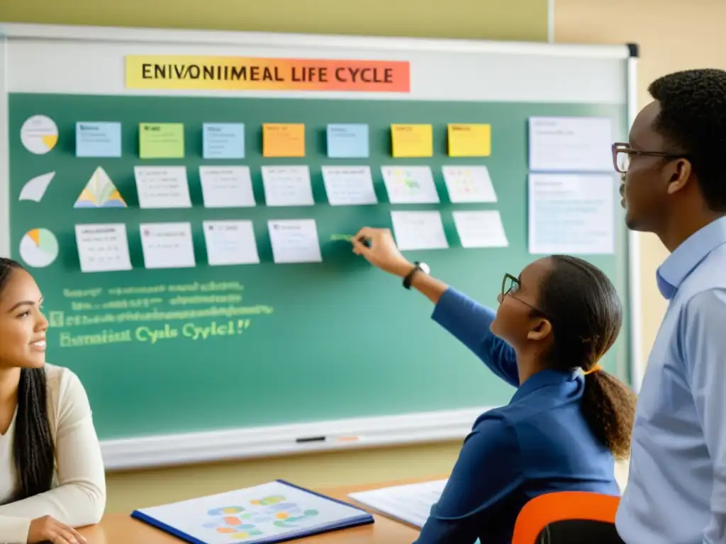 Un grupo de estudiantes y un profesor discuten animadamente sobre análisis ciclo vida ambiental en un aula luminosa y acogedora