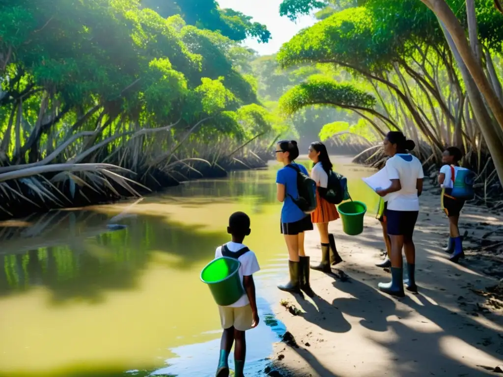 Grupo de estudiantes y profesor exploran los manglares, aprendiendo sobre su importancia en los ecosistemas