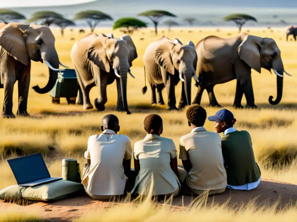 Grupo de estudiantes en safari observando elefantes en la fauna de la sabana africana durante un curso de campo