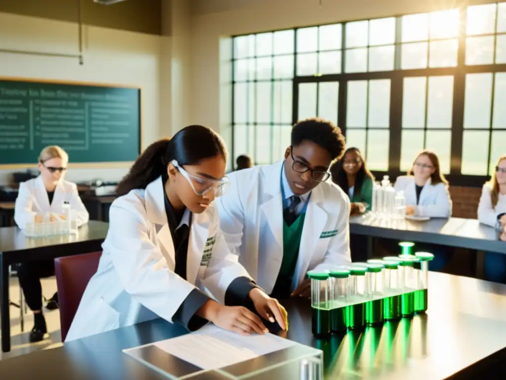 Un grupo de estudiantes de secundaria usa batas de laboratorio y gafas de seguridad mientras realizan experimentos