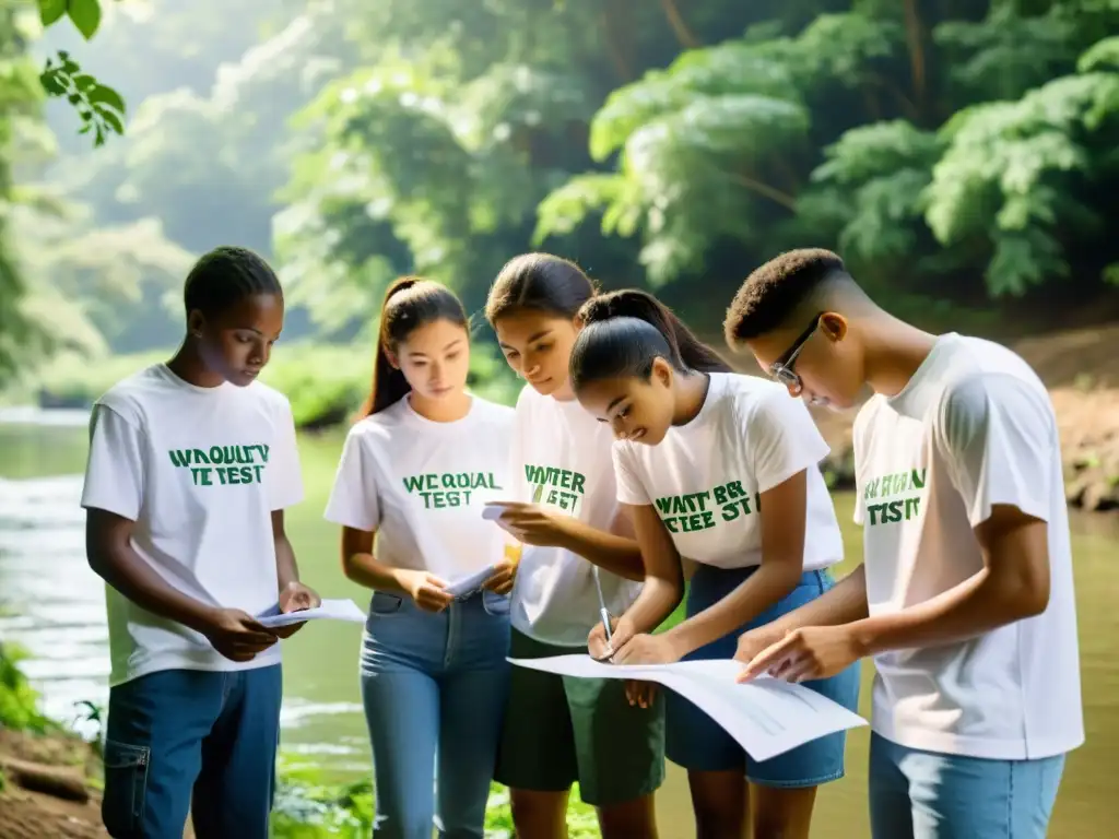 Grupo de estudiantes de secundaria en camisetas a juego realizando prueba calidad agua en río local rodeados de exuberante vegetación