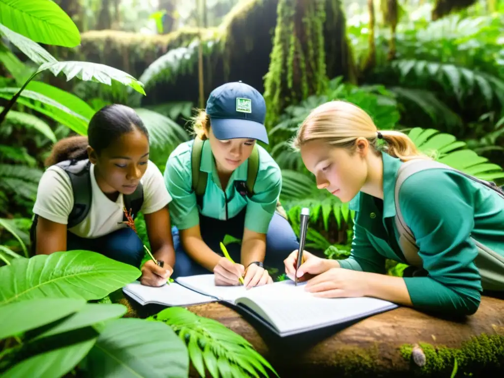 Grupo de estudiantes explorando la biodiversidad de la selva, tomando notas y midiendo plantas