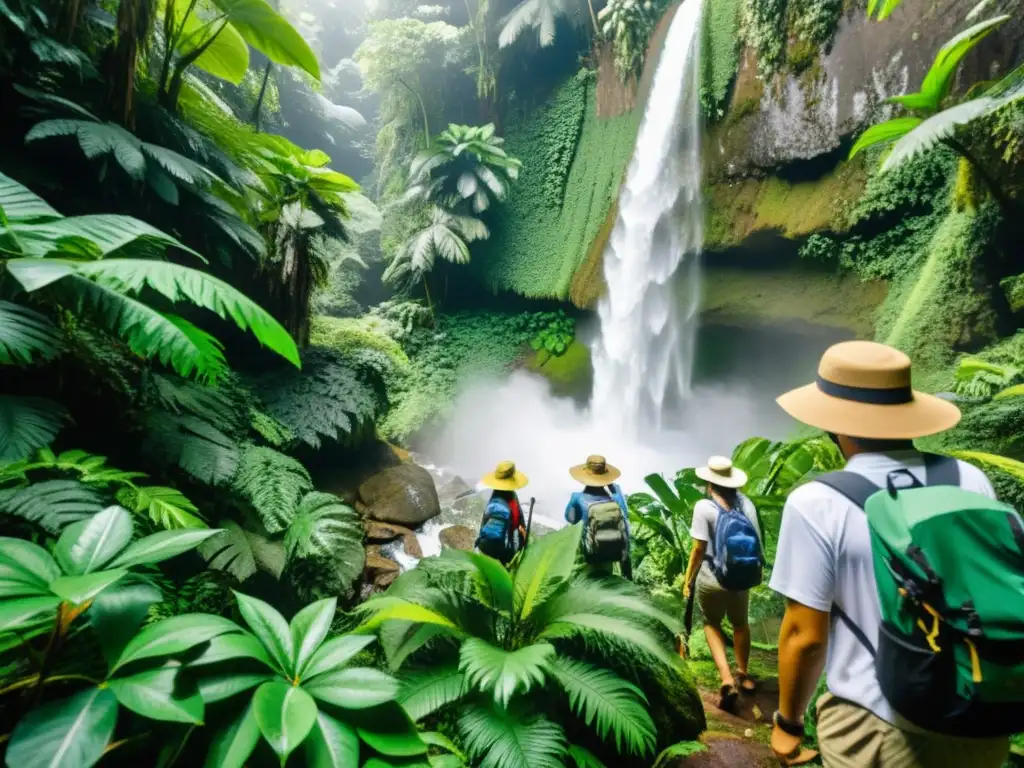 Un grupo de estudiantes con sombreros y mochilas explorando un exuberante bosque lluvioso