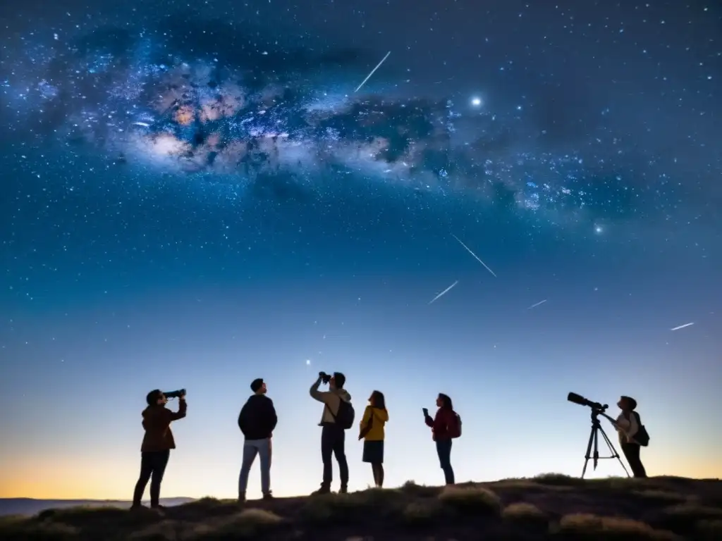 Grupo disfruta estudio ciencia ciudadana cielo noche, observando constelaciones y usando telescopios bajo el firmamento estrellado