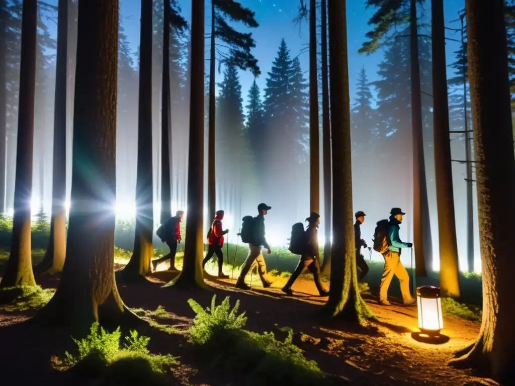 Un grupo de excursionistas camina entre árboles iluminados por linternas solares para exploración nocturna, creando un ambiente mágico y aventurero