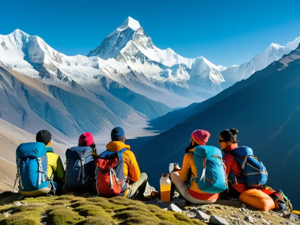 Grupo de excursionistas descansando y preparándose para su aventura de trekking en el Himalaya, rodeados de naturaleza y montañas nevadas