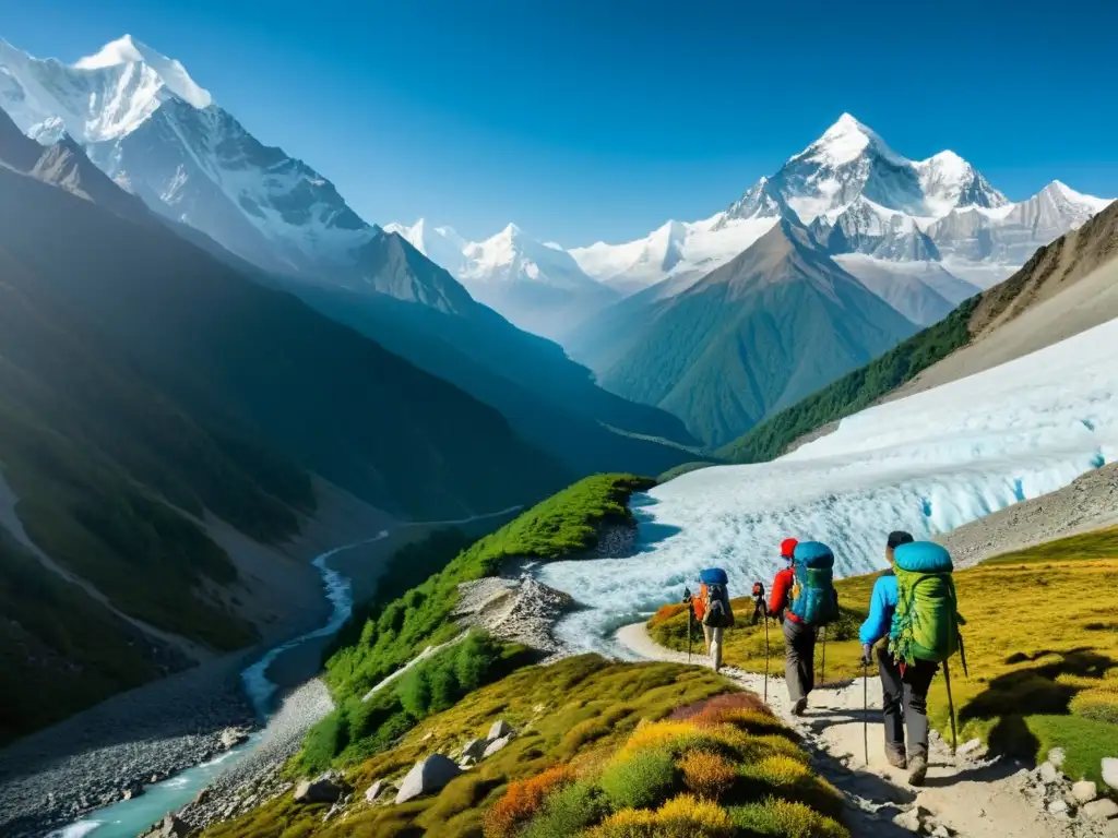 Un grupo de excursionistas se prepara para una aventura de trekking en la naturaleza del Himalaya, con picos nevados de fondo