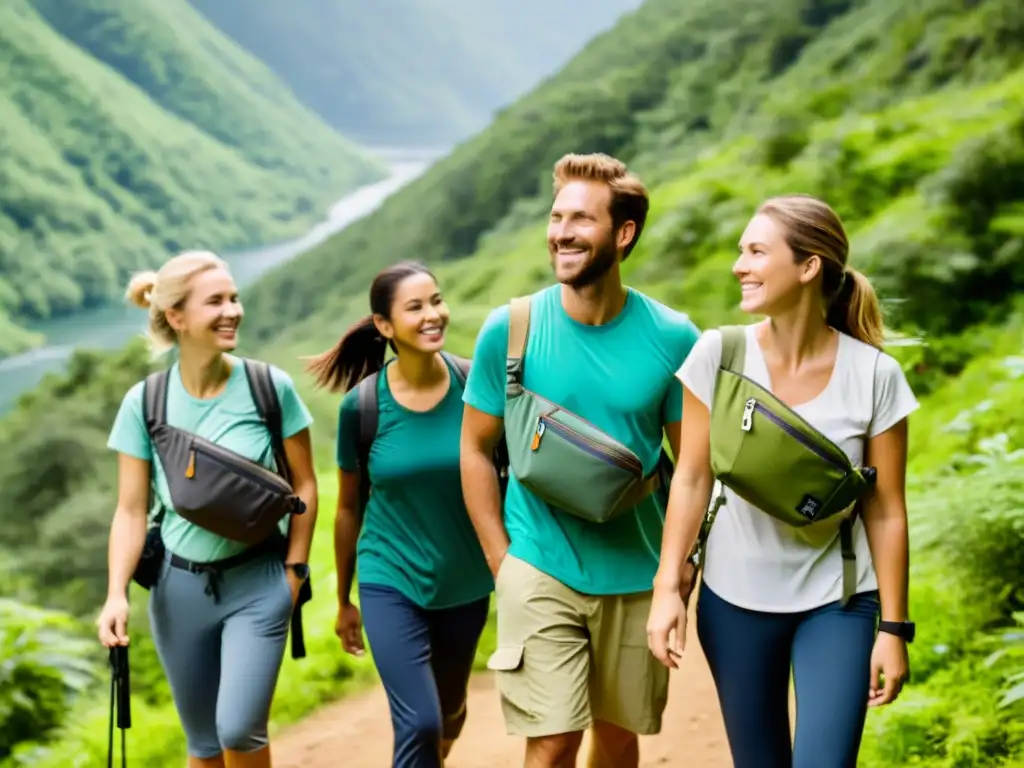 Un grupo de excursionistas lleva bolsos ecológicos y disfruta de la naturaleza, mostrando la integración de moda sostenible para ecoturismo