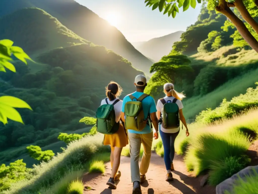 Un grupo de excursionistas lleva bolsos ecológicos, hechos de materiales reciclados, mientras caminan por un sendero de montaña