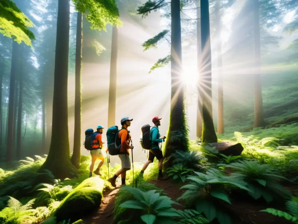 Un grupo de excursionistas camina por un bosque denso con mochilas con paneles solares integrados, navegando el terreno desafiante mientras la luz solar atraviesa el dosel