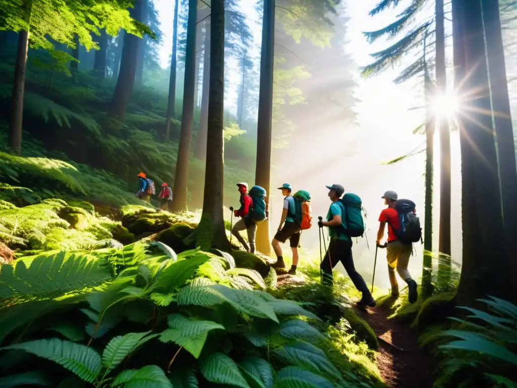 Un grupo de excursionistas atraviesa un bosque exuberante, con luz solar entre las hojas