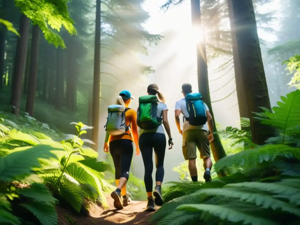 Un grupo de excursionistas en un bosque verde, luciendo ropa ecofriendly y disfrutando de la naturaleza