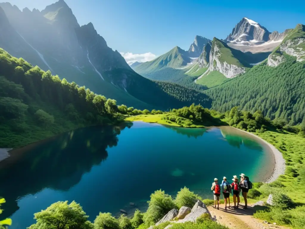 Un grupo de excursionistas llenando sus botellas de agua reutilizables en una cascada en la montaña