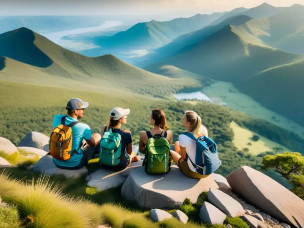 Grupo de excursionistas en la cima de la montaña, sosteniendo souvenires ecológicos responsables, en medio de un paisaje natural impresionante