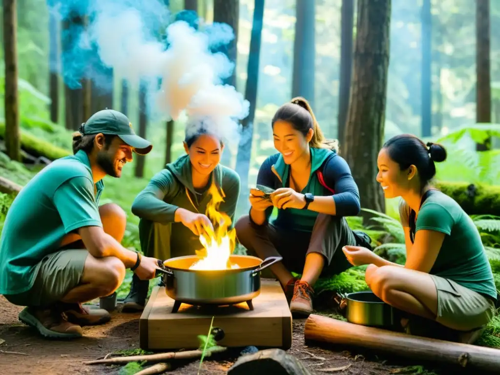 Un grupo de excursionistas cocina en una estufa portátil ecoamigable en medio de un frondoso bosque