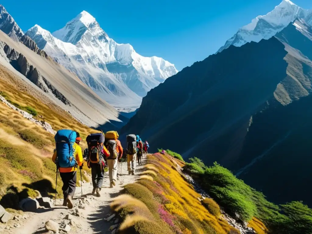 Grupo de excursionistas en coloridos trajes tradicionales recorriendo un estrecho sendero de montaña en el Himalaya