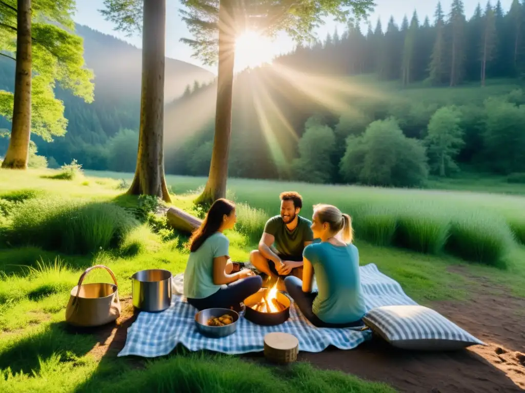 Un grupo de excursionistas disfruta de una comida sostenible alrededor de una fogata en un claro del bosque