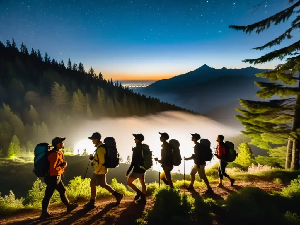 Un grupo de excursionistas camina por un denso bosque de noche, iluminados por linternas solares para exploración nocturna, creando una atmósfera serena y mágica bajo el cielo estrellado