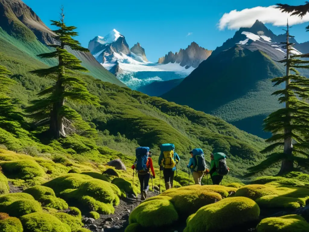 Un grupo de excursionistas explorando un denso bosque cubierto de musgo en Tierra del Fuego, Patagonia