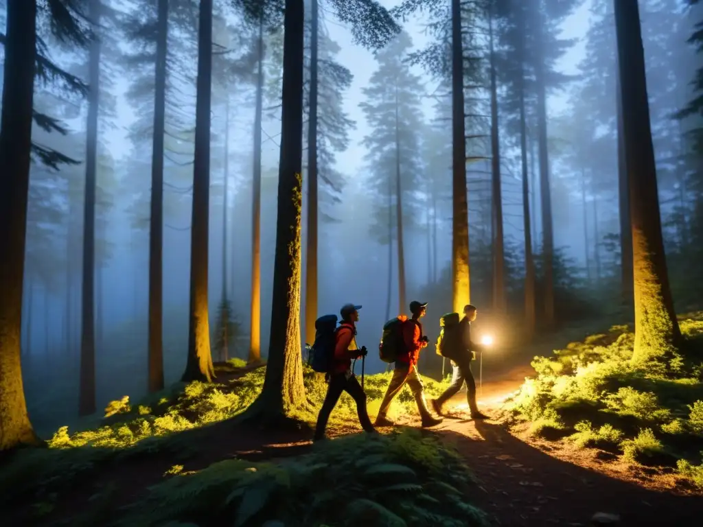 Un grupo de excursionistas atraviesa un denso bosque de noche, iluminando su camino con linternas solares para exploración nocturna