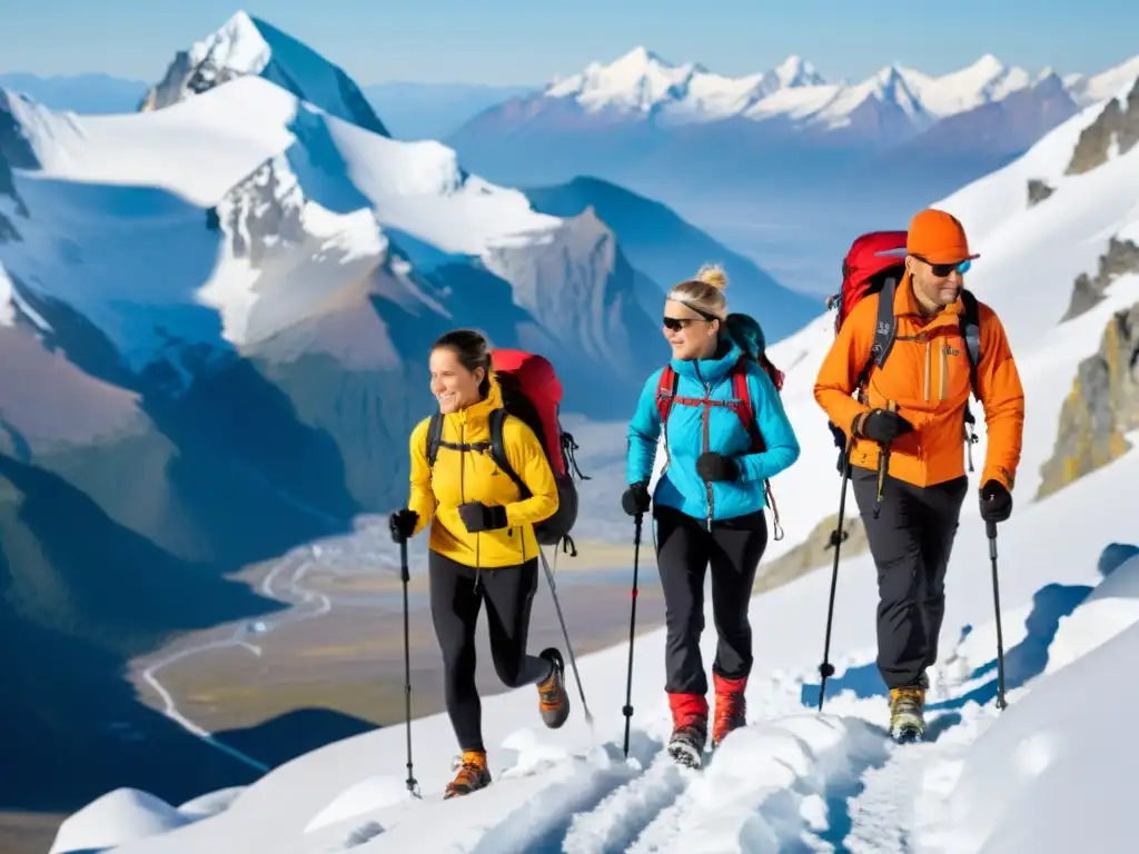 Grupo de excursionistas con dispositivos para monitorizar salud en ambientes extremos, explorando una montaña nevada