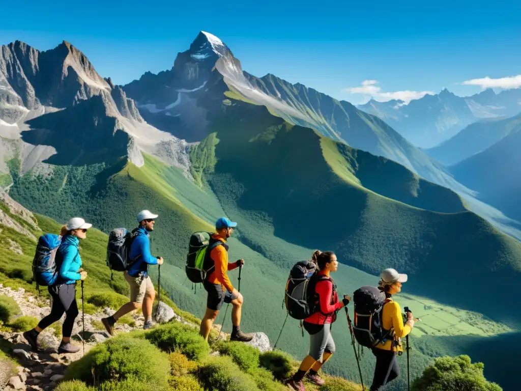 Un grupo de excursionistas lleva dispositivos para monitorizar salud en ambientes extremos mientras recorren terrenos montañosos remotos y desafiantes