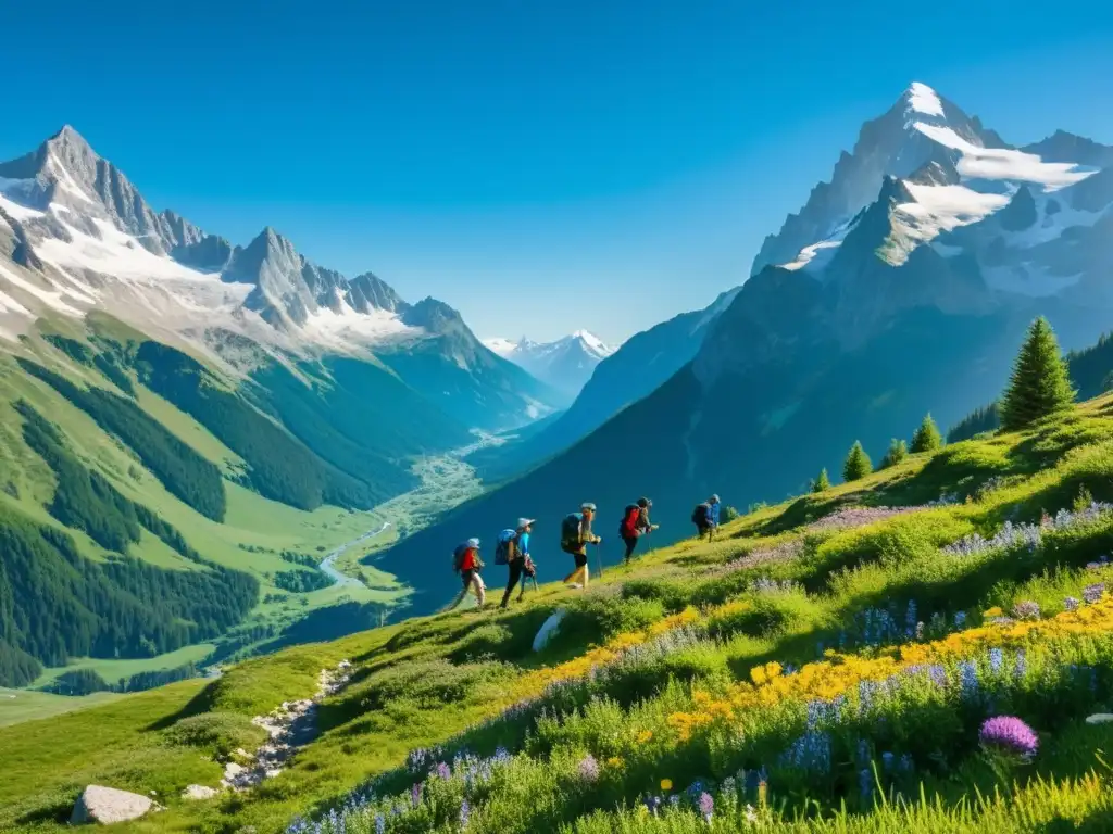 Grupo de excursionistas disfrutando del ecoturismo en los Alpes biodiversidad, rodeados de montañas nevadas y prados verdes exuberantes