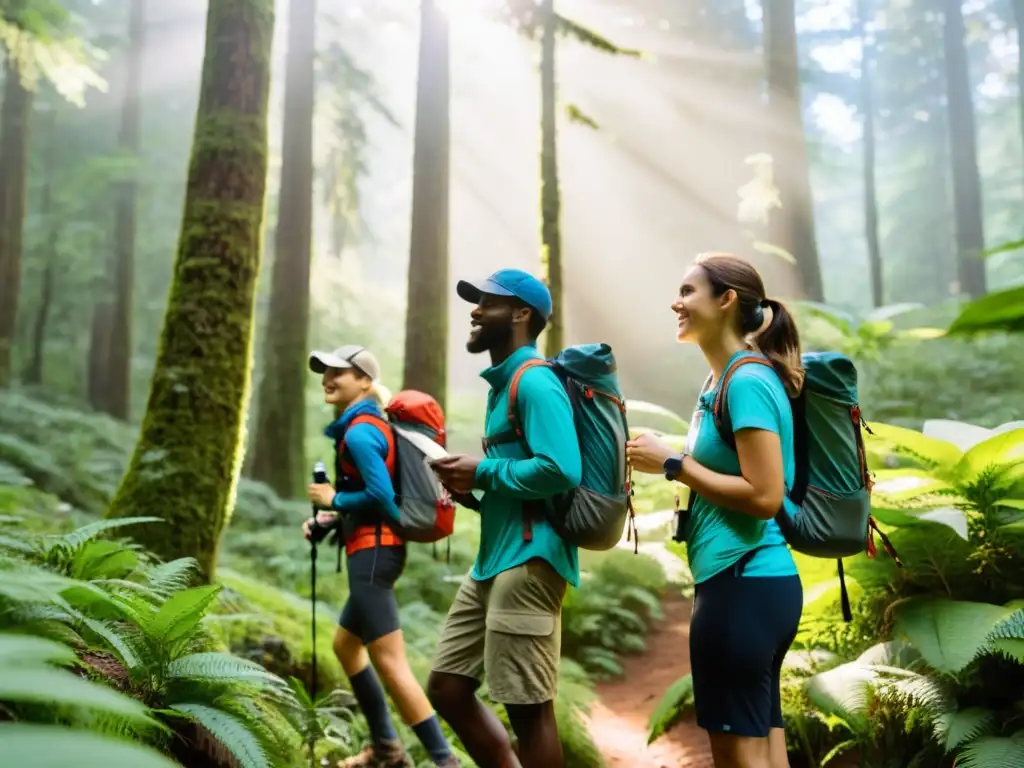 Grupo de excursionistas en equipo sostenible explorando un bosque exuberante con Snacks para expediciones responsables