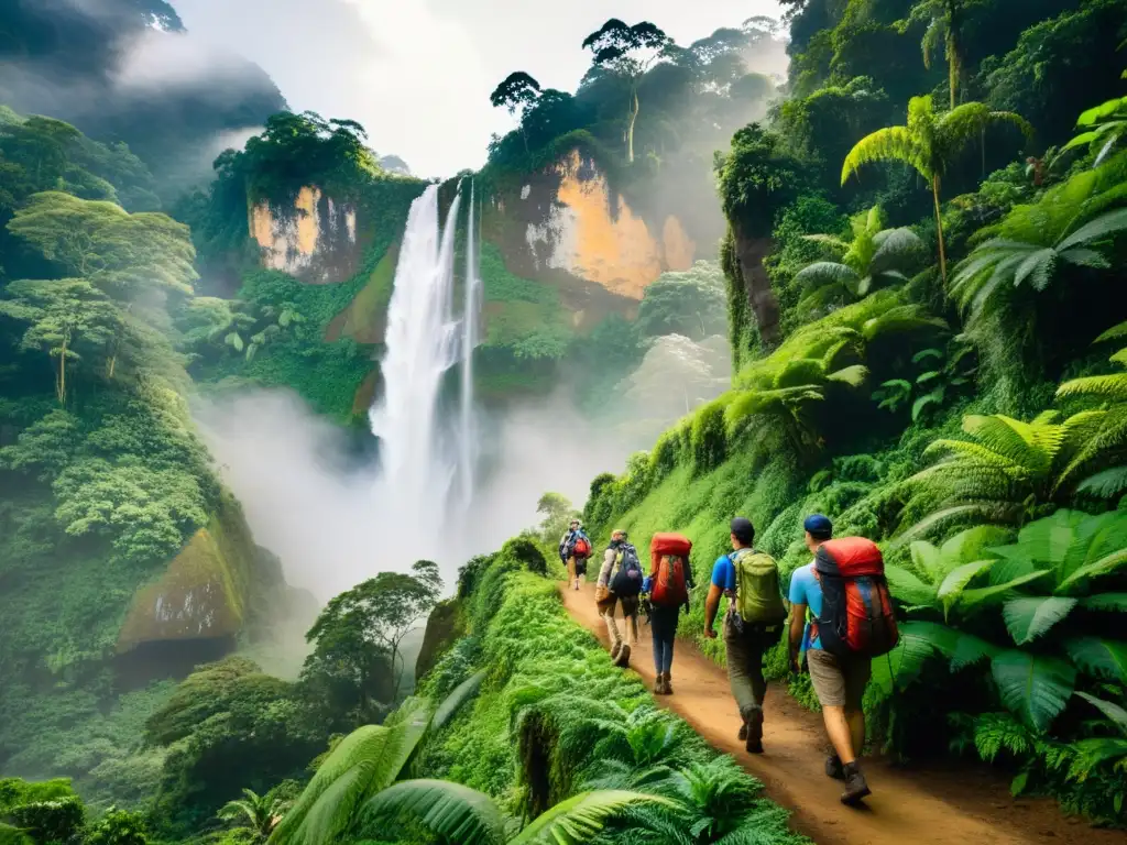 Un grupo de excursionistas camina por un estrecho sendero en una exuberante selva tropical, rodeados de árboles imponentes y plantas exóticas