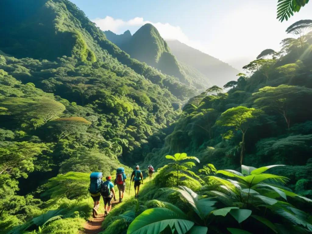 Un grupo de excursionistas atraviesa un exuberante bosque lluvioso con tiendas de campaña ultraligeras