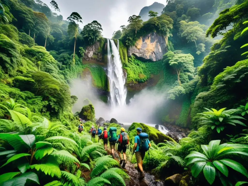 Grupo de excursionistas en una exuberante selva con cascada