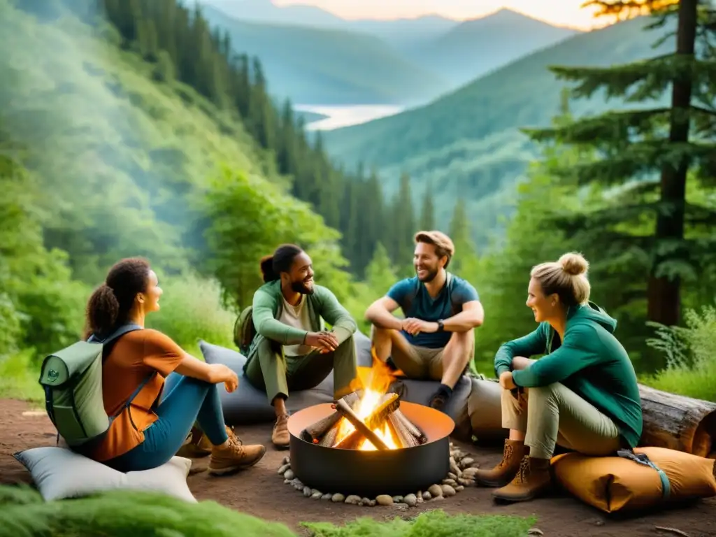 Un grupo de excursionistas disfrutan de una fogata en el bosque con sillas de campamento ecológicas duraderas, creando un ambiente acogedor