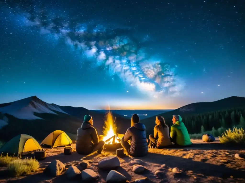 Grupo de excursionistas disfrutan de una fogata bajo el cielo estrellado, en armonía con bolsas de dormir ecológicas para exteriores