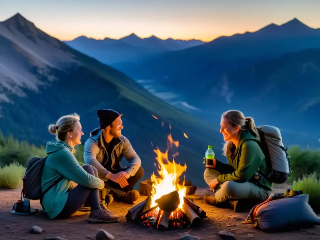 Grupo de excursionistas frente a fogata, compartiendo historias, con souvenirs ecológicos responsables expediciones en primer plano