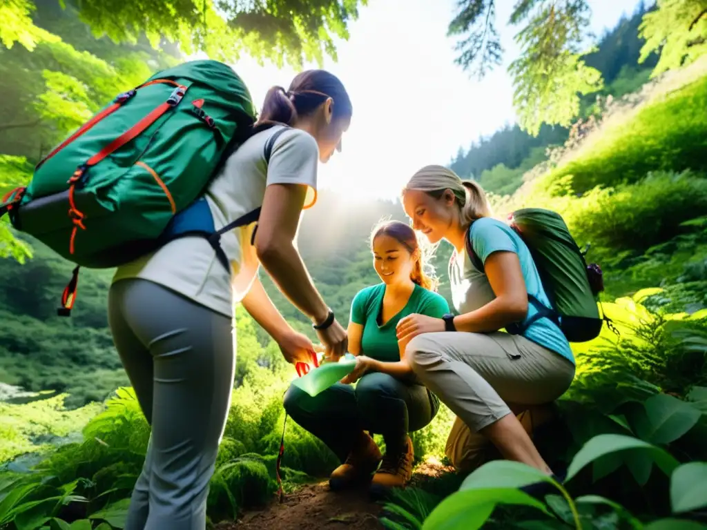 Un grupo de excursionistas en un frondoso bosque