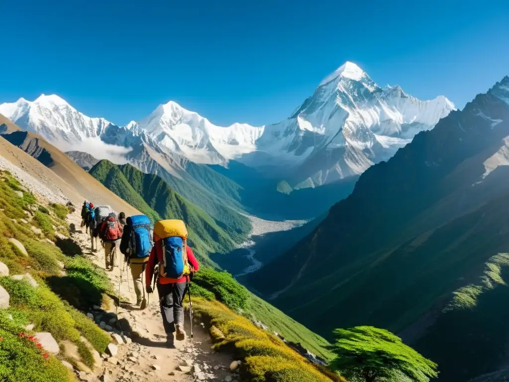 Grupo de excursionistas en el impresionante Himalaya, mostrando preparación para trekking en la majestuosa naturaleza montañosa