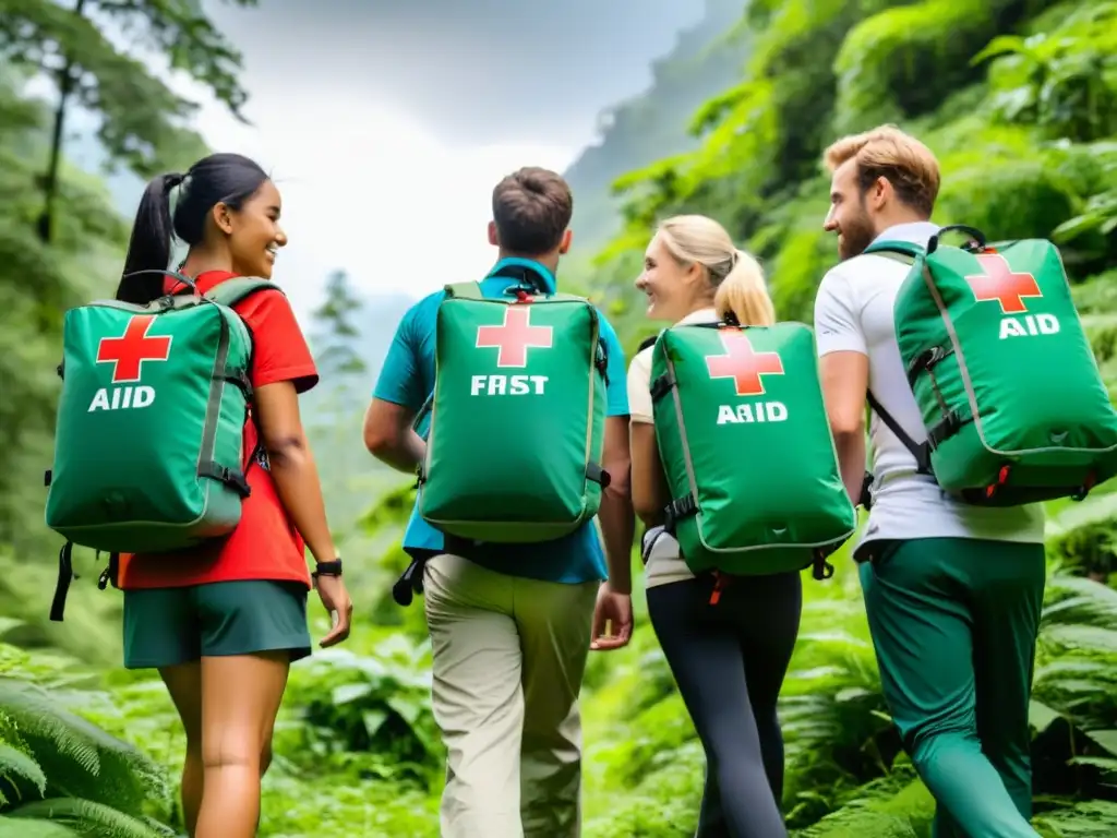 Grupo de excursionistas con Kit de primeros auxilios ecológico realizando entrenamiento en el bosque vibrante