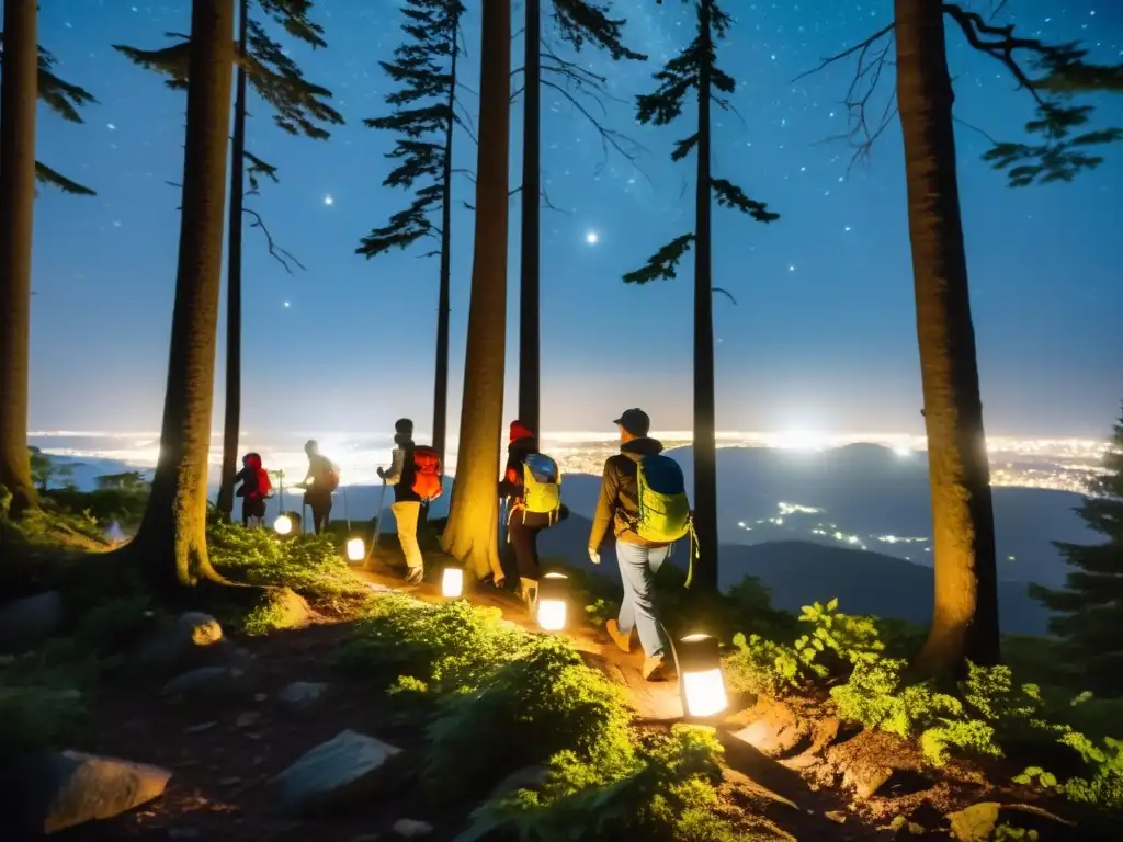 Un grupo de excursionistas con linternas solares para exploración nocturna iluminando un bosque denso y mágico bajo el cielo estrellado