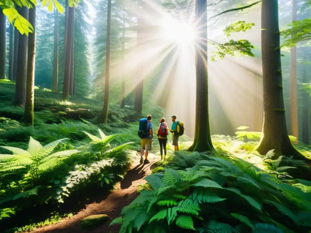 Un grupo de excursionistas discute sobre un mapa en un bosque exuberante