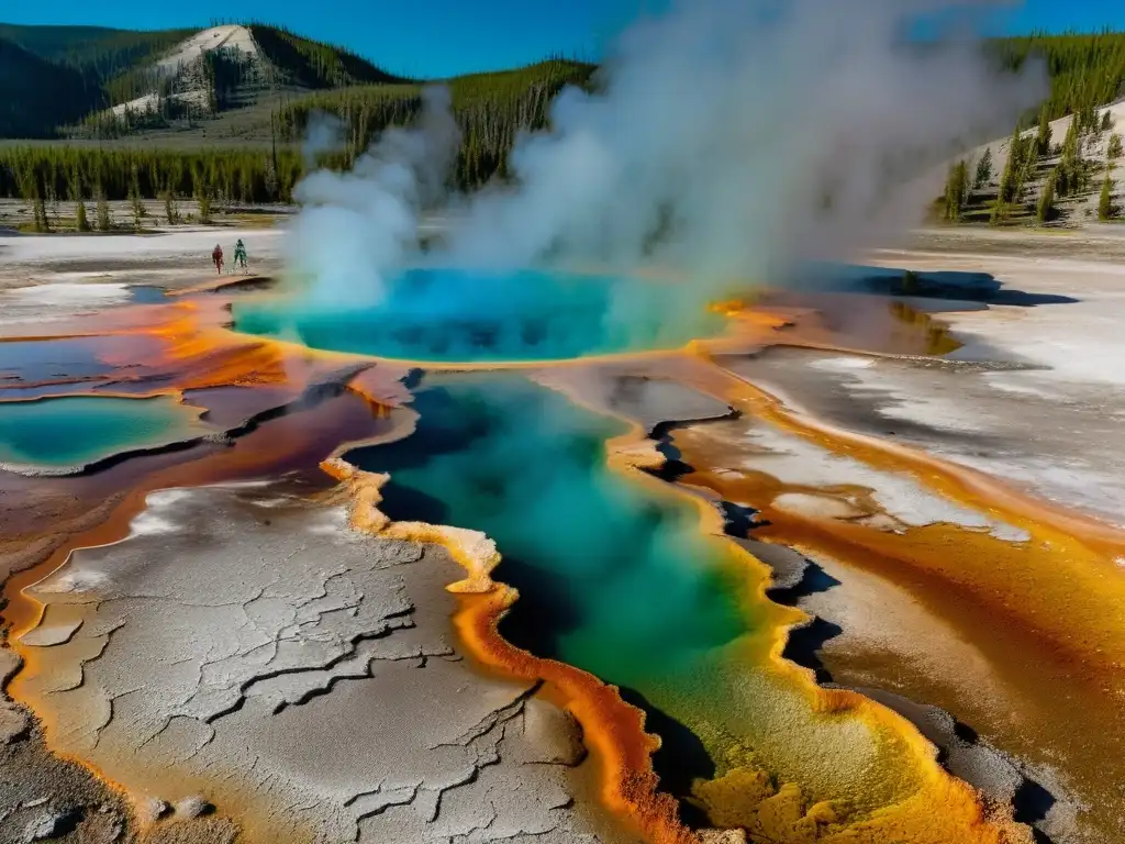 Un grupo de excursionistas explorando las maravillas geotermales de Yellowstone