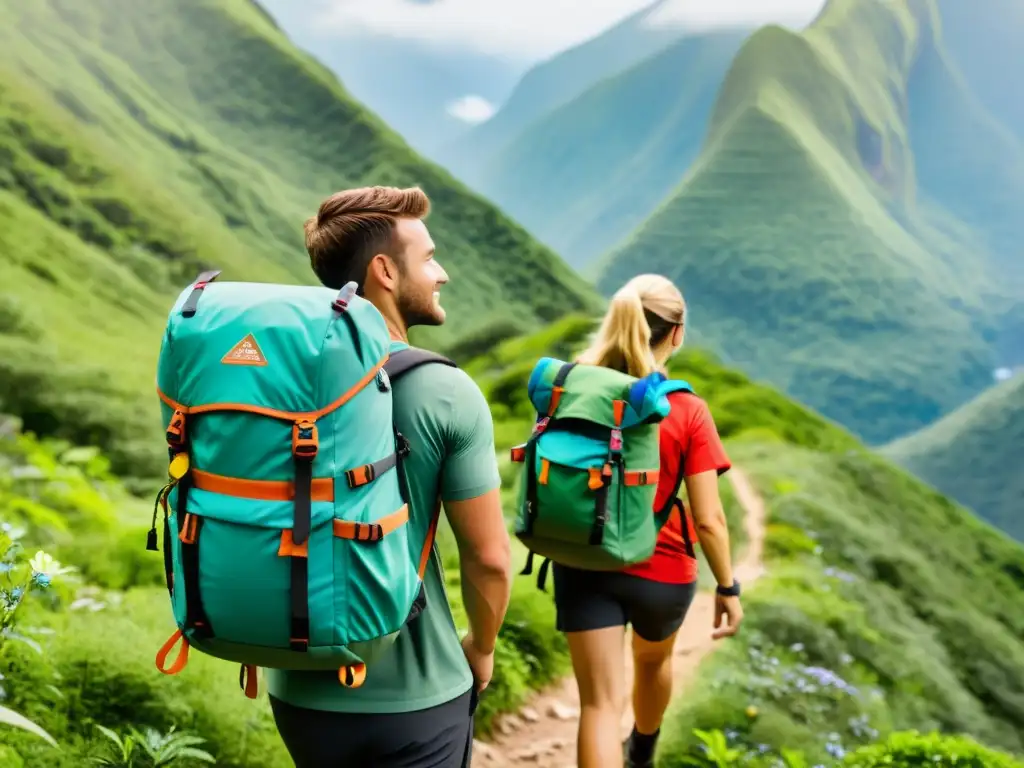 Un grupo de excursionistas con mochilas ecológicas para exploración recorriendo un paisaje montañoso y exuberante